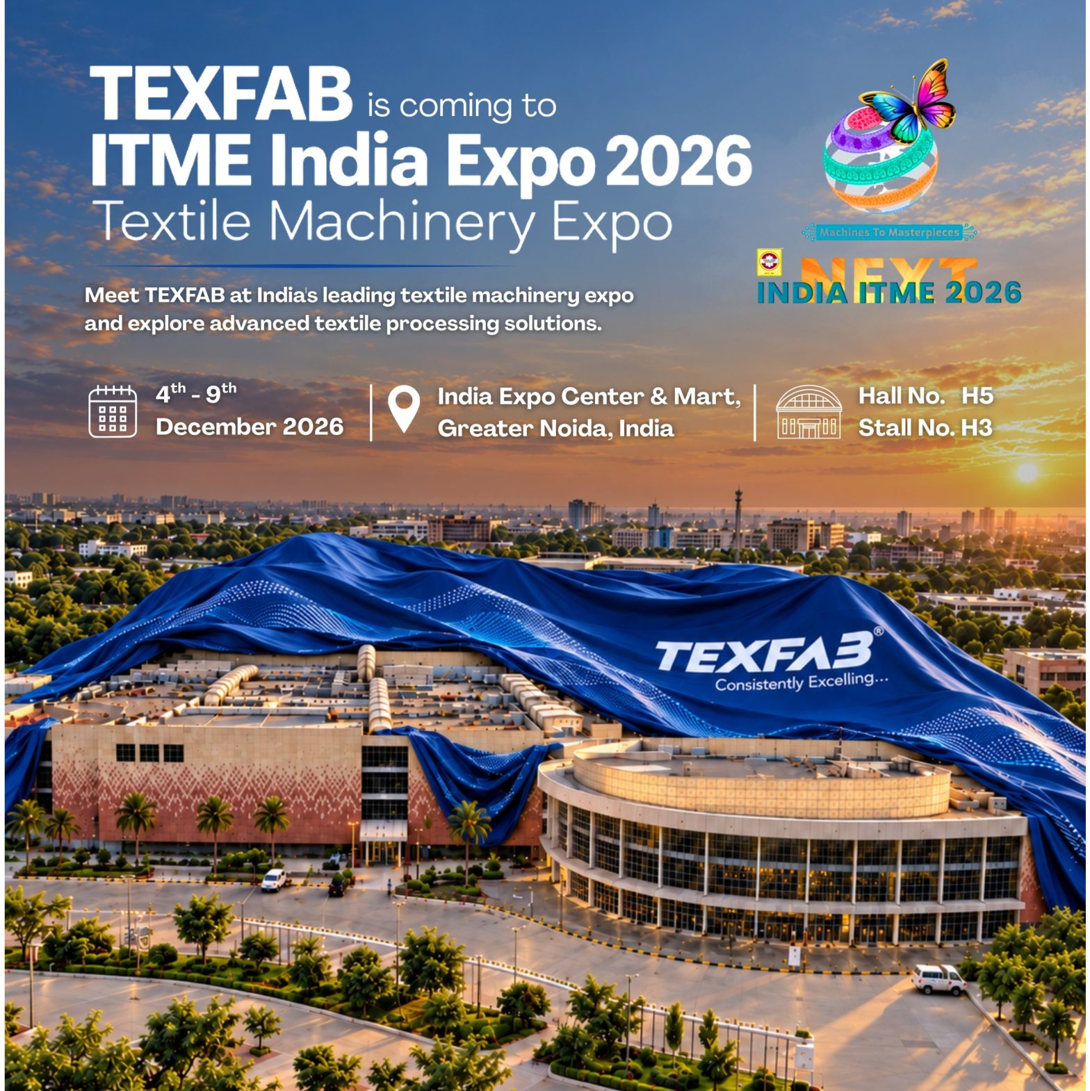 TEXFAB textile processing machinery at INDIA ITME 2026 Hall H5 Stall H3